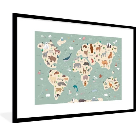 Poster in fotolijst kind - Kinder decoratie - Aarde - Wereldkaart kinderen - Dieren - Jongens - Meiden - Blauw - Schilderij voor kinderen - 90x60 cm - Kinderkamer decoratie