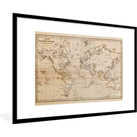Fotolijst incl. Poster - Wereldkaart - Vintage - Bruin - Educatief - 90x60 cm - Posterlijst