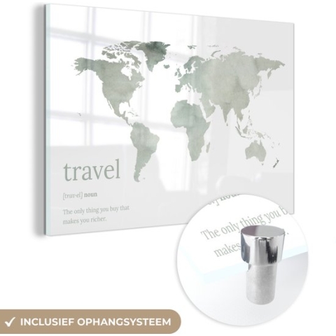 MuchoWow® Glasschilderij - Wereldkaart - Quote - Travel - 180x120 cm - Acrylglas Schilderijen - Foto op Glas