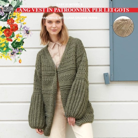 Breipakket lang vest in een patroonmix met Per Lei Gots-mt. 40/42 - model 06 van Lana Grossa Easy 01-camel
