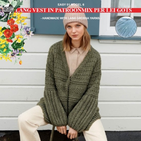 Breipakket lang vest in een patroonmix met Per Lei Gots-mt. 36/38 - model 06 van Lana Grossa Easy 01-hemelsblauw