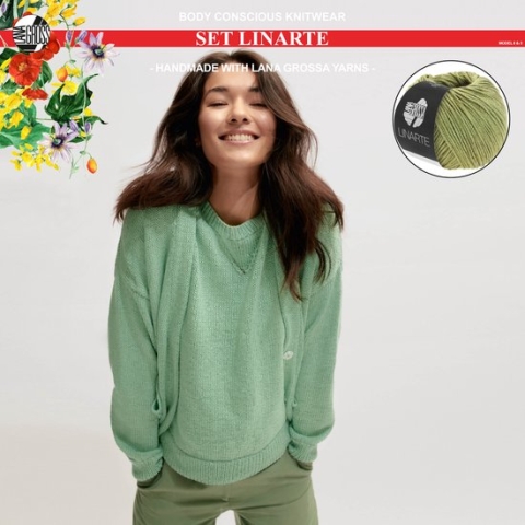 Breipakket top en trui mt.44 met Linarte garen model 8 & 9 van Lana Grossa Classici nr.24- kleur olijf-10% korting!