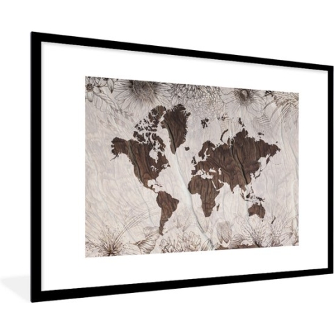 Fotolijst incl. Poster - Wereldkaart - Hout - Bloemen - 90x60 cm - Posterlijst