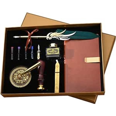Kalligrafie Pen Inkt en Quill Set, met Vintage Inkt Pen, 4 Kleuren Vervangen Inkt Vulling, Gouden Wax Seal Sticks, Wax Stempel, Pen Stand, Notebook Journal voor het schrijven van Bruiloft Briefpapier Gift