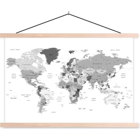 Posterhanger incl. Poster - Schoolplaat - Wereldkaart in grijstinten - zwart wit - 150x100 cm - Blanke latten