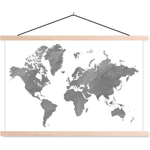 Posterhanger incl. Poster - Schoolplaat - Wereldkaart - Grijs - Vintage - 150x100 cm - Blanke latten