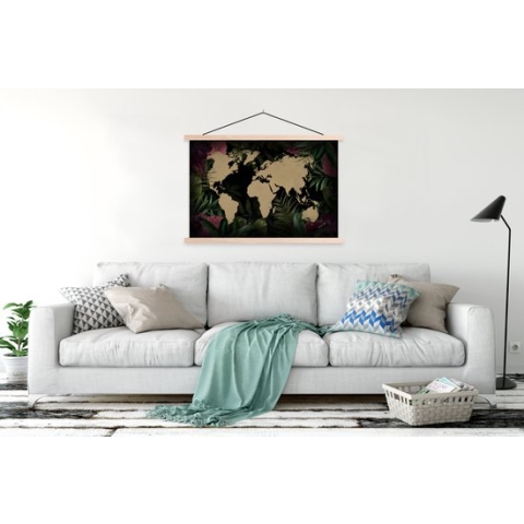 Posterhanger incl. Poster - Schoolplaat - Wereldkaart - Bladeren - Jungle - 150x100 cm - Blanke latten
