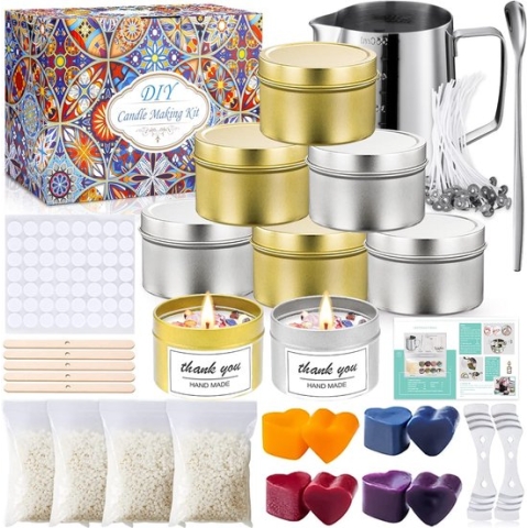Set om kaarsen te maken, 480 g stukjes bijenwas voor kaarsenmakerij, 500 ml kan voor gesmolten kaarsvet, doe-het-zelf set voor kaarsen maken voor beginners, 8 kaarsblikken