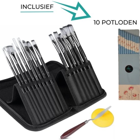 24ME® Cadeau Tip - Schilder Penselen Inclusief 10 Potloden - Met Etui - Aquarelverf - Acrylverf - Olieverf - 15 Penselen - Hobby - Cadeau Tip Kerst