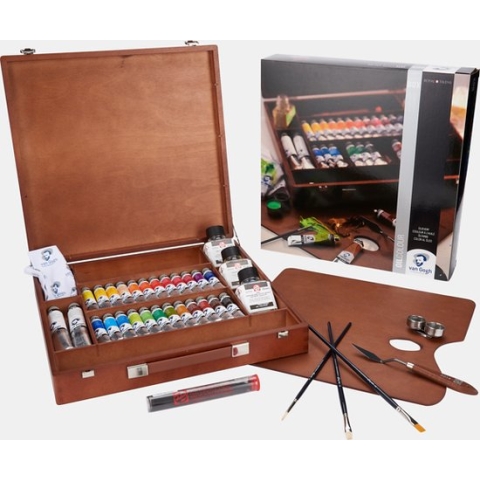 Oil Colour kist "Expert" 24 x 20 ml + 2 x 60 ml olieverf met penselen, palet, paletdoppen, schildersmes, hulpmiddelen en reinigingsdoekje