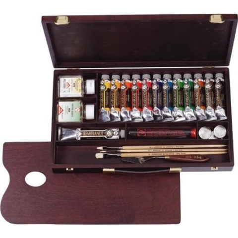 Oil Colour kist "Professional" 12 x 40 ml + 1 x 60 ml olieverf met penselen, palet, paletdoppen, schildersmessen en hulpmiddelen