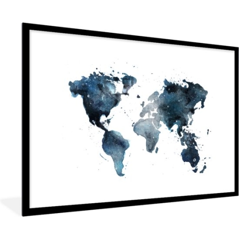 Fotolijst incl. Poster - Wereldkaart - Blauw - Abstract - 90x60 cm - Posterlijst