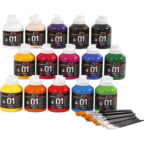 School Acrylverf Glossy, glossy, diverse kleuren, 1 set