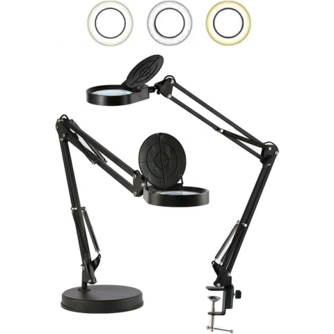 Loeplamp met LED verlichting - 2in1 XXL-editie - Professioneel - met Tafelklem - met Verlichting - met Standaard - Vergrootglas met Verlichting - voor Kinderen, Volwassenen & Senioren - Zwart