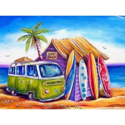 Diamond painting - Volkswagenbus aan het strand - Geproduceerd in Nederland - 20 x 30 cm - dibond materiaal - vierkante steentjes - Binnen 2-3 werkdagen in huis