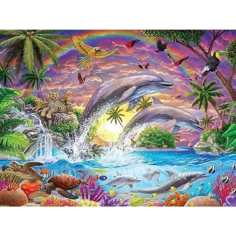 Diamond painting - Dolfijnen met regenboog - Geproduceerd in Nederland - 30 x 40 cm - canvas materiaal - vierkante steentjes - Binnen 2-3 werkdagen in huis