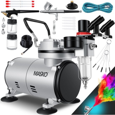 MASKO® Airbrush Set met Compressor en Airbrush Pistool Manomter & Luchtfilter - 4 bar double action - Zilver