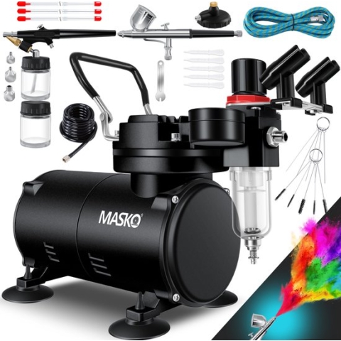 MASKO® Airbrush Set met Compressor en Airbrush Pistool Manomter & Luchtfilter - 4 bar double action - Zwart