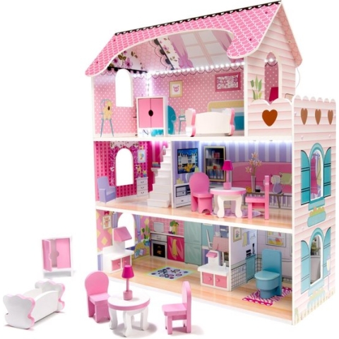 Houten Poppenhuis met LED Verlichting - 79-delig - Roze - 70cm - Inclusief Meubels