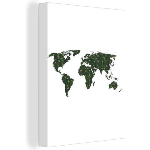 Wanddecoratie Wereldkaart - Planten - Groen - Canvas - 90x120 cm