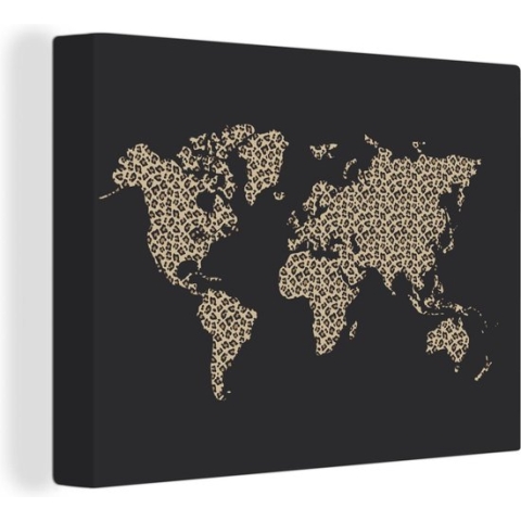 Wanddecoratie Wereldkaart - Panterprint - Zwart - Canvas - 120x90 cm