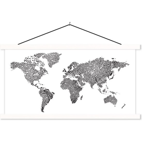 Schoolplaat - Wereldkaart - Vingerafdrukken - Zwart - Wit - 150x75 cm - Textielposter Witte latten - Textiel poster