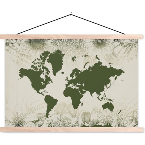 Posterhanger incl. Poster - Schoolplaat - Wereldkaart - Bloemen - Groen - 150x100 cm - Blanke latten