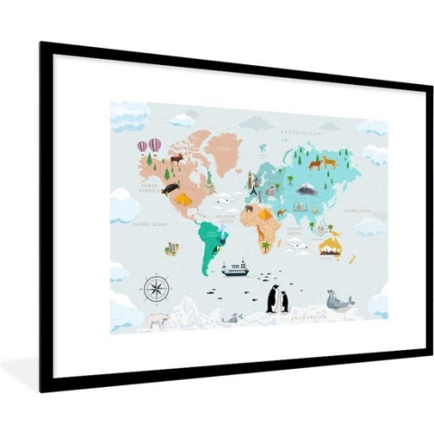 Wereldkaart Kinderen - Symbolen - Kompas - Schoolplaat - Kinderkamer - 90x60 cm