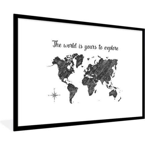 Fotolijst incl. Poster - Wereldkaart - Quote - Zwart - Wit - 90x60 cm - Posterlijst
