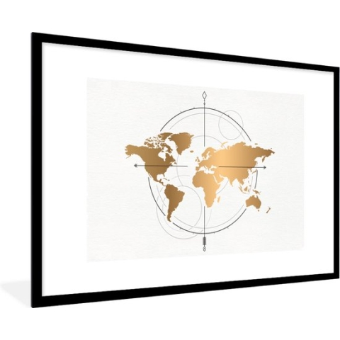 Fotolijst incl. Poster - Wereldkaart - Goud - Kompas - Kinderen - Jongens - Meisjes - 90x60 cm - Posterlijst
