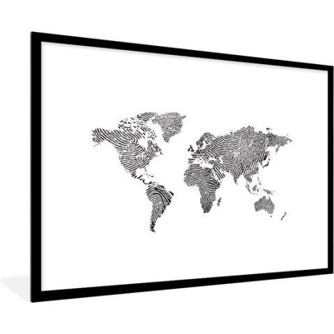 Fotolijst incl. Poster - Wereldkaart - Vingerafdruk - Zwart - Wit - Kinderen - Jongens - Meisjes - 90x60 cm - Posterlijst