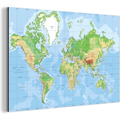 Wanddecoratie Metaal - Aluminium Schilderij Industrieel - Wereldkaart - Atlas - Topografie - 180x120 cm - Dibond - Foto op aluminium - Industriële muurdecoratie - Voor de woonkamer/slaapkamer