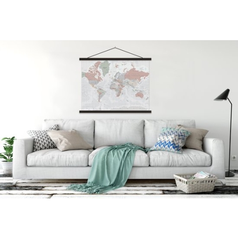 Posterhanger incl. Poster - Schoolplaat - Wereldkaart - Vintage - Pastel - Aarde - Grijs - Educatief - 150x113 cm - Zwarte latten
