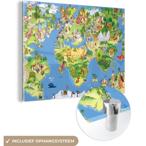 MuchoWow® Glasschilderij - Wereldkaart - Kinderen - Natuur - Dieren - Blauw - Groen - 160x120 cm - Acrylglas Schilderijen - Foto op Glas