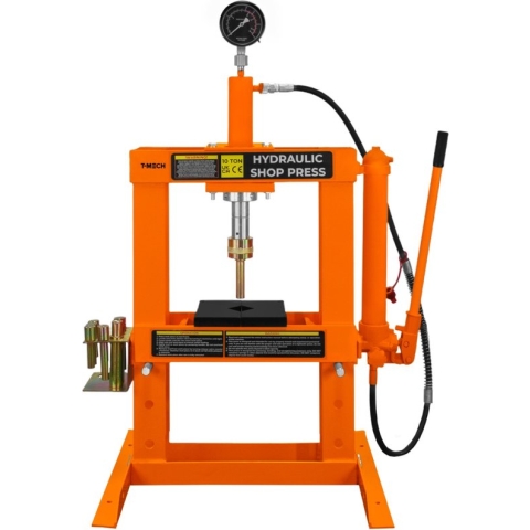 T-Mech Hydraulische Werkplaatspers 10 Ton - Stalen Frame - Inclusief Drukmeting - Gratis 8 Verschillende Mandrils & 1 Adaptor
