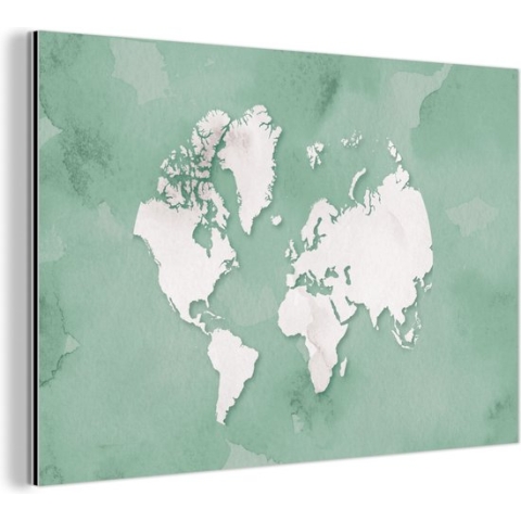 Wanddecoratie Metaal - Aluminium Schilderij Industrieel - Wereldkaart - Groen - Waterverf - 150x100 cm - Dibond - Foto op aluminium - Industriële muurdecoratie - Voor de woonkamer/slaapkamer