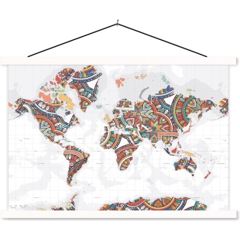 Schoolplaat - Wereldkaart - Versiering - Kleurrijk - 150x100 cm - Textielposter Witte latten - Textiel poster