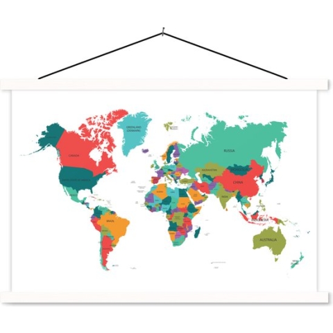 Schoolplaat - Wereldkaart - Kleurrijk - Simpel - 150x100 cm - Textielposter Witte latten - Textiel poster