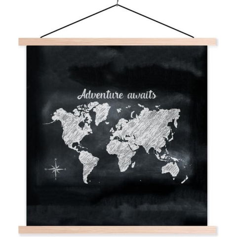 Posterhanger incl. Poster - Schoolplaat - Wereldkaart - Schoolbord - Wit - 120x120 cm - Blanke latten