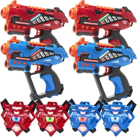 KidsTag Recharge lasergame set - 4 oplaadbare laserguns P2 + 4 waterdamp vesten - Lasergamen vanaf 6 jaar - Extra functies - Digitale display - Geen batterijen nodig