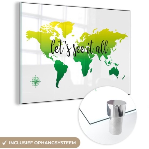 MuchoWow® Glasschilderij - Wereldkaart - Groen - Kompas - 150x100 cm - Acrylglas Schilderijen - Foto op Glas