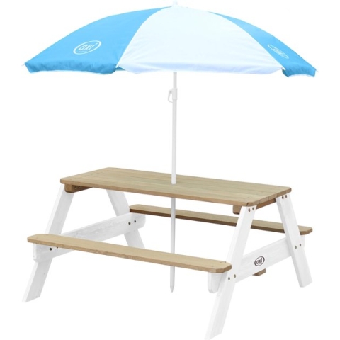 AXI Nick Picknicktafel in Bruin/Wit met Parasol in Blauw/Wit - Picknick tafel voor kinderen van hout