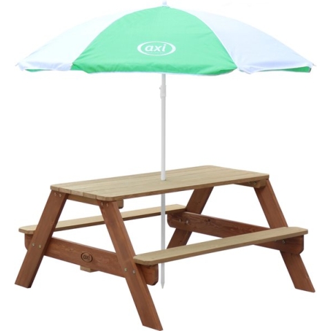 AXI Nick Picknicktafel in Bruin met Parasol in Groen/Wit - Picknick tafel voor kinderen van hout