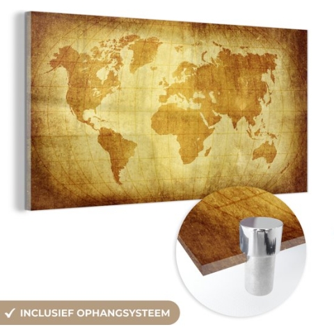 MuchoWow® Glasschilderij - Wereldkaart - Vintage - Bruin - 120x60 cm - Acrylglas Schilderijen - Foto op Glas