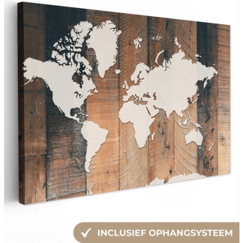 Canvas Wereldkaart - 120x80 - Wanddecoratie Wereldkaart - Hout - Wit