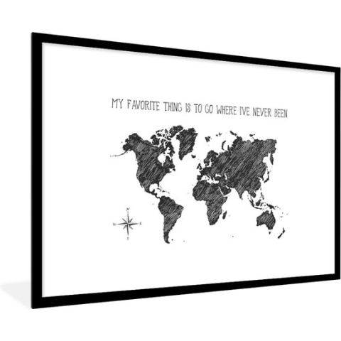 Fotolijst incl. Poster - Wereldkaart - Zwart - Wit - Quote - 120x80 cm - Posterlijst