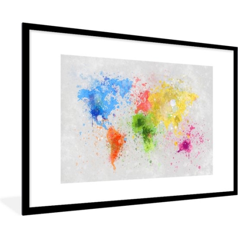 Fotolijst incl. Poster - Wereldkaart - Abstract - Verf - Kinderen - Jongens - Meisjes - 90x60 cm - Posterlijst