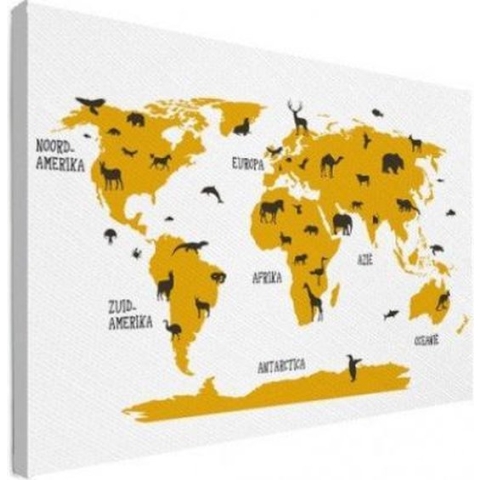 Wereldkaart Dieren Per Continent Geel - Canvas 120x90