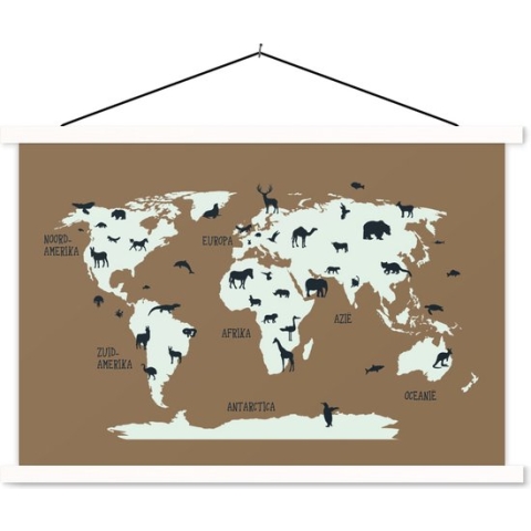 Schoolplaat - Wereldkaart - Dieren - Bruin - 150x100 cm - Textielposter Witte latten - Textiel poster