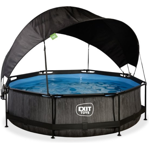 EXIT Zwembad Frame Pool Black Wood Limited Edition - 300 x 76 cm met Zonnedak en Cartridge Filterpomp